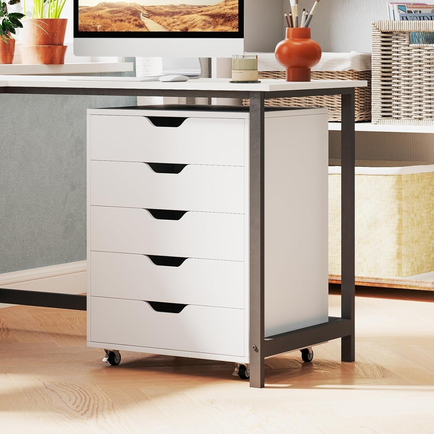 White Mobile File Cabinet 49x40x64cm 5 Drawer Printer Stand
