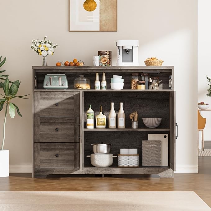 Wooden Sideboard Cabinet with Power Outlets 3 Drawer Storage Unit Grey