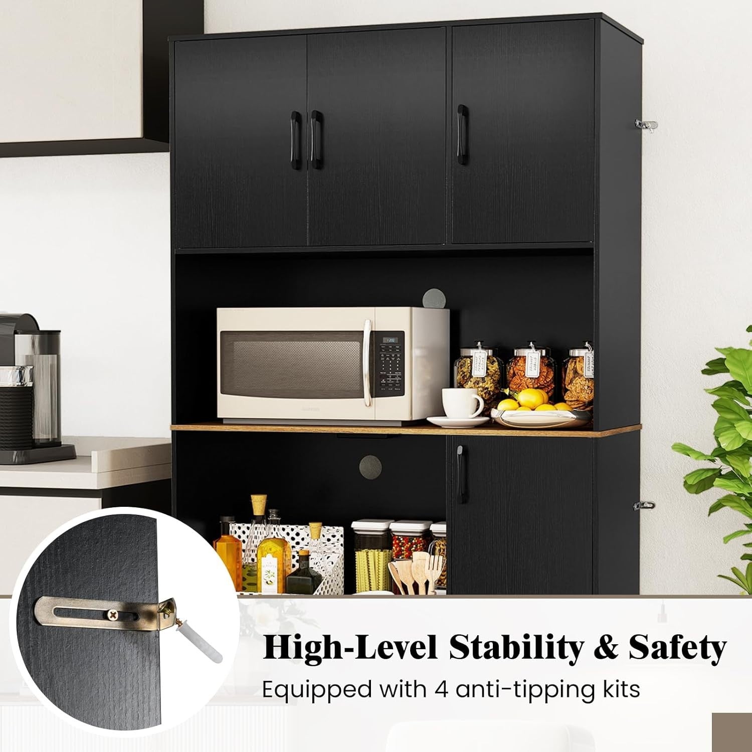 180cm Tall Kitchen Storage Cabinet 6-Door Pantry Black | Built-in Outlet