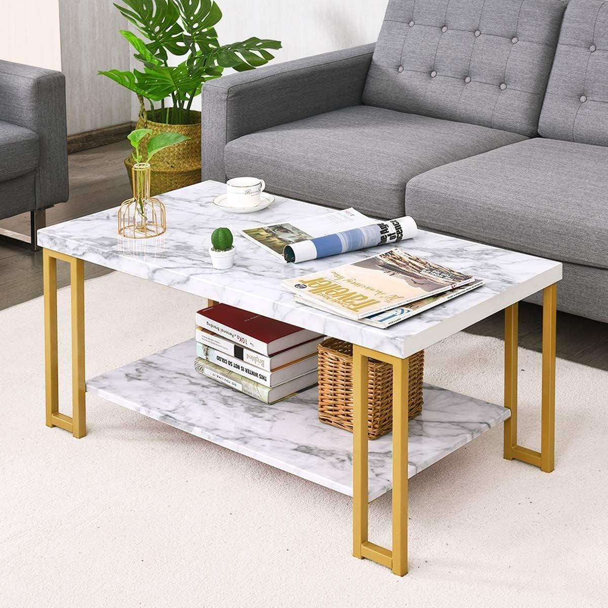 Marble Effect 2-Tier Coffee Table with Shelf, Gold Frame, Small Space Living Roo