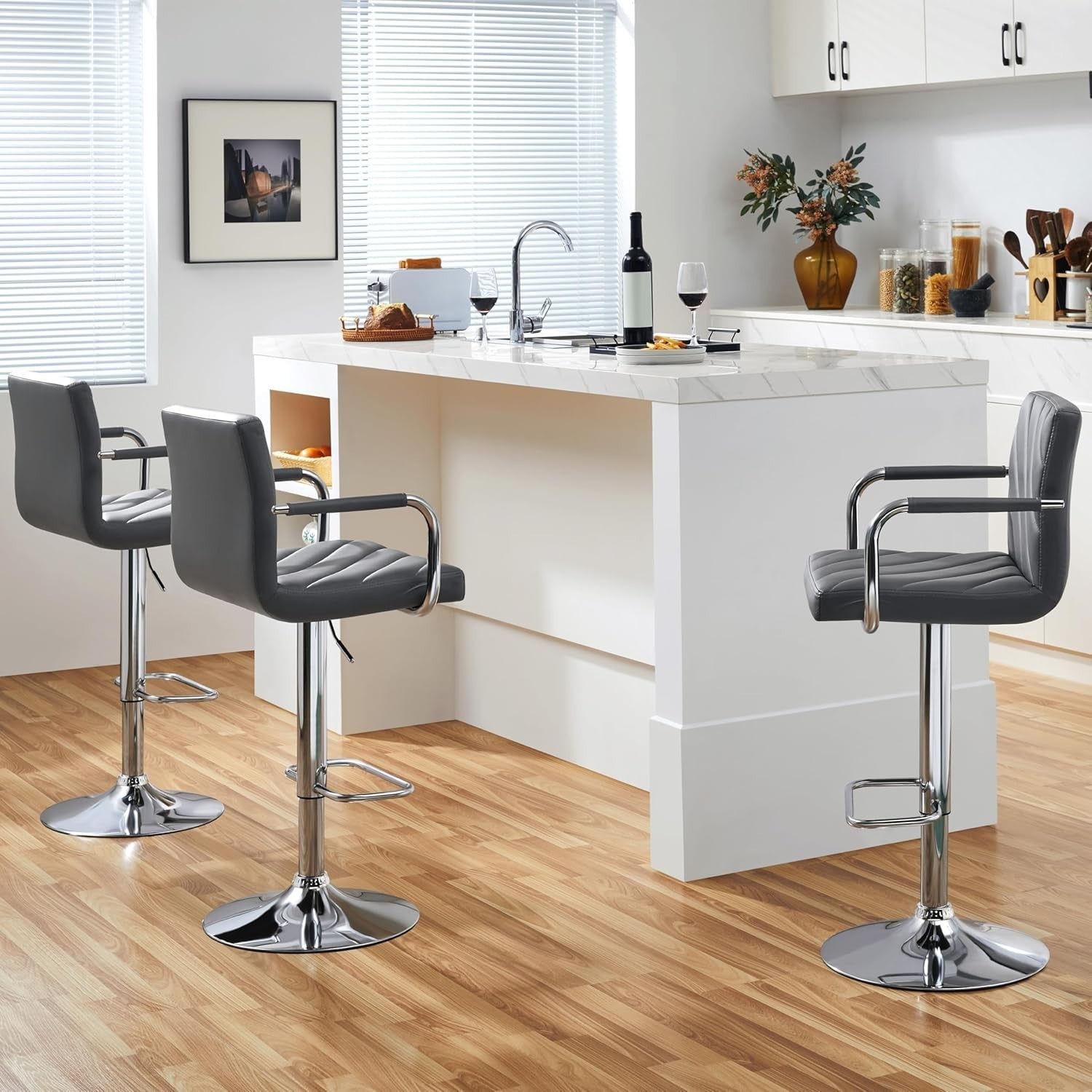 Dark Grey Adjustable Swivel Bar Stools Set of 2 Faux Leather Armchairs