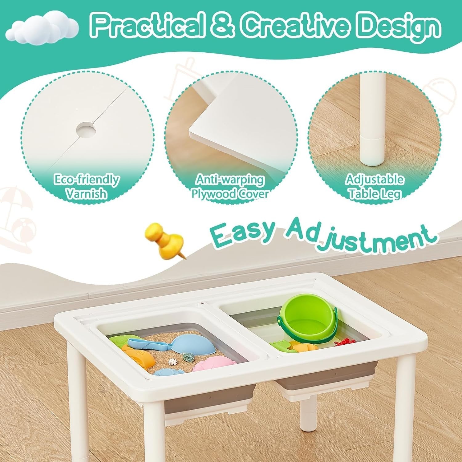 Adjustable Kids Sensory Table with 2 Bins, Sand & Water Play, White Pine Wood