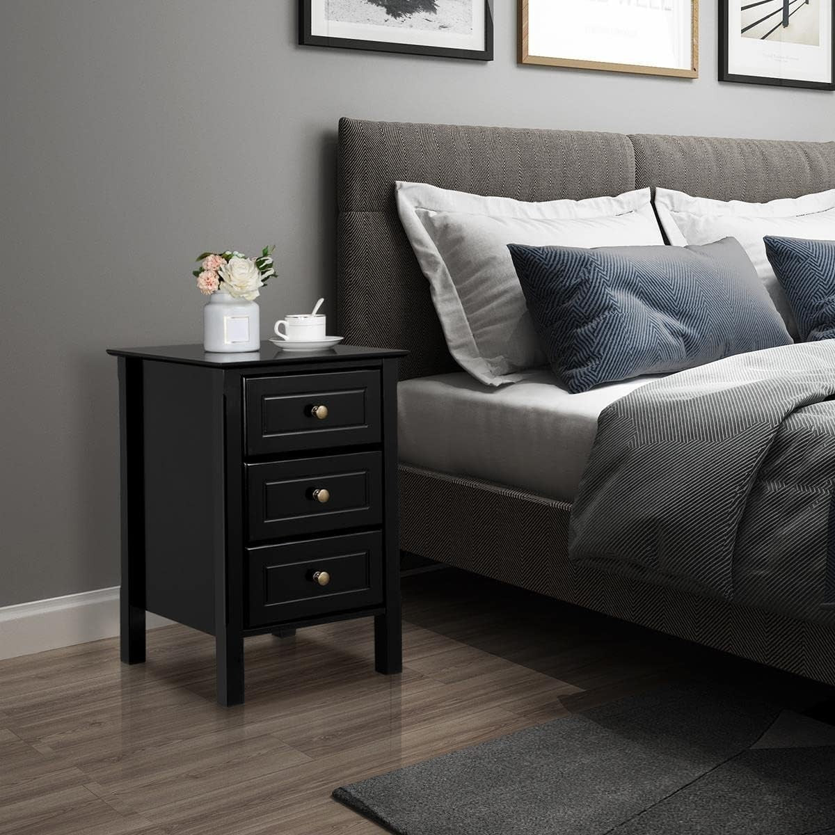 Set of 2 Black Bedside Tables with 3 Drawers, Wooden Nightstands 40x40x60cm