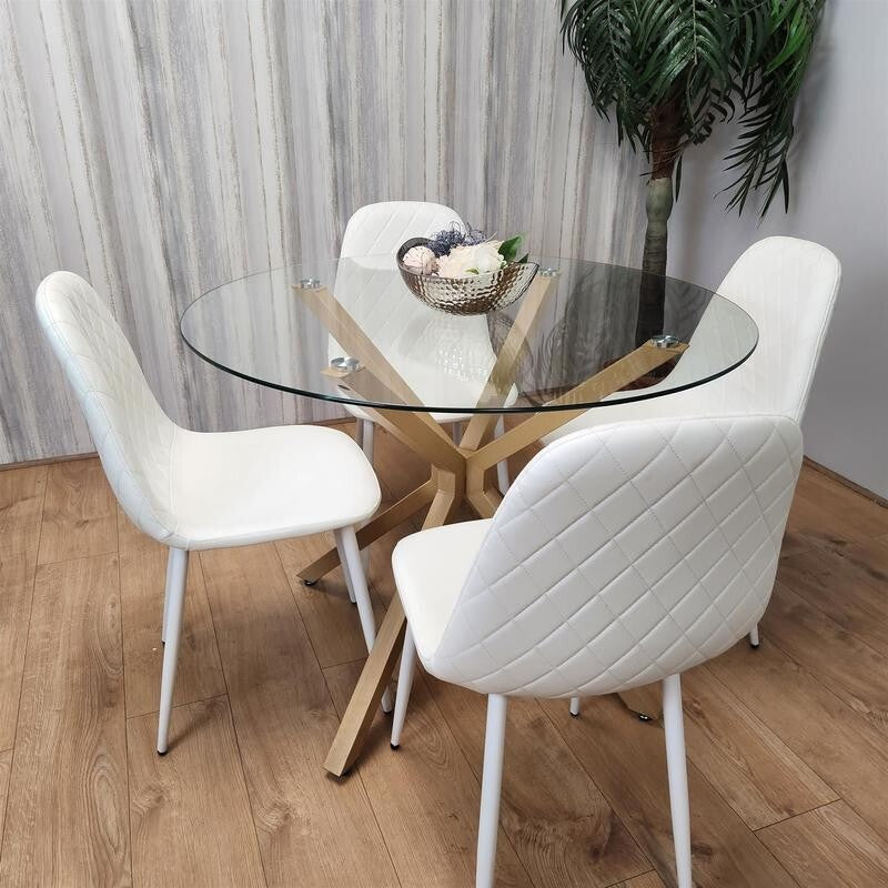 Round Glass Dining Table Set with 4 White Leather Chairs Oak Metal Legs