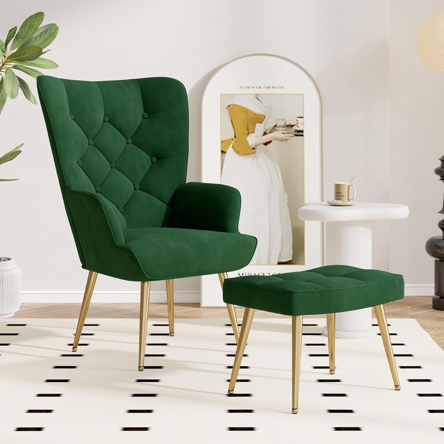 Velvet Wingback Chair & Footstool Set High Back Gold Legs Lounge Green