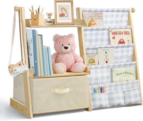 Kids Grey Plaid Bookcase & Toy Storage – 4-Tier Wooden Sling Shelf with Toy Box