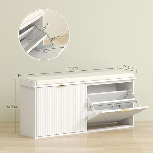 White Shoe Storage Bench with Cushion & Flip Drawers – Modern Hallway Unit