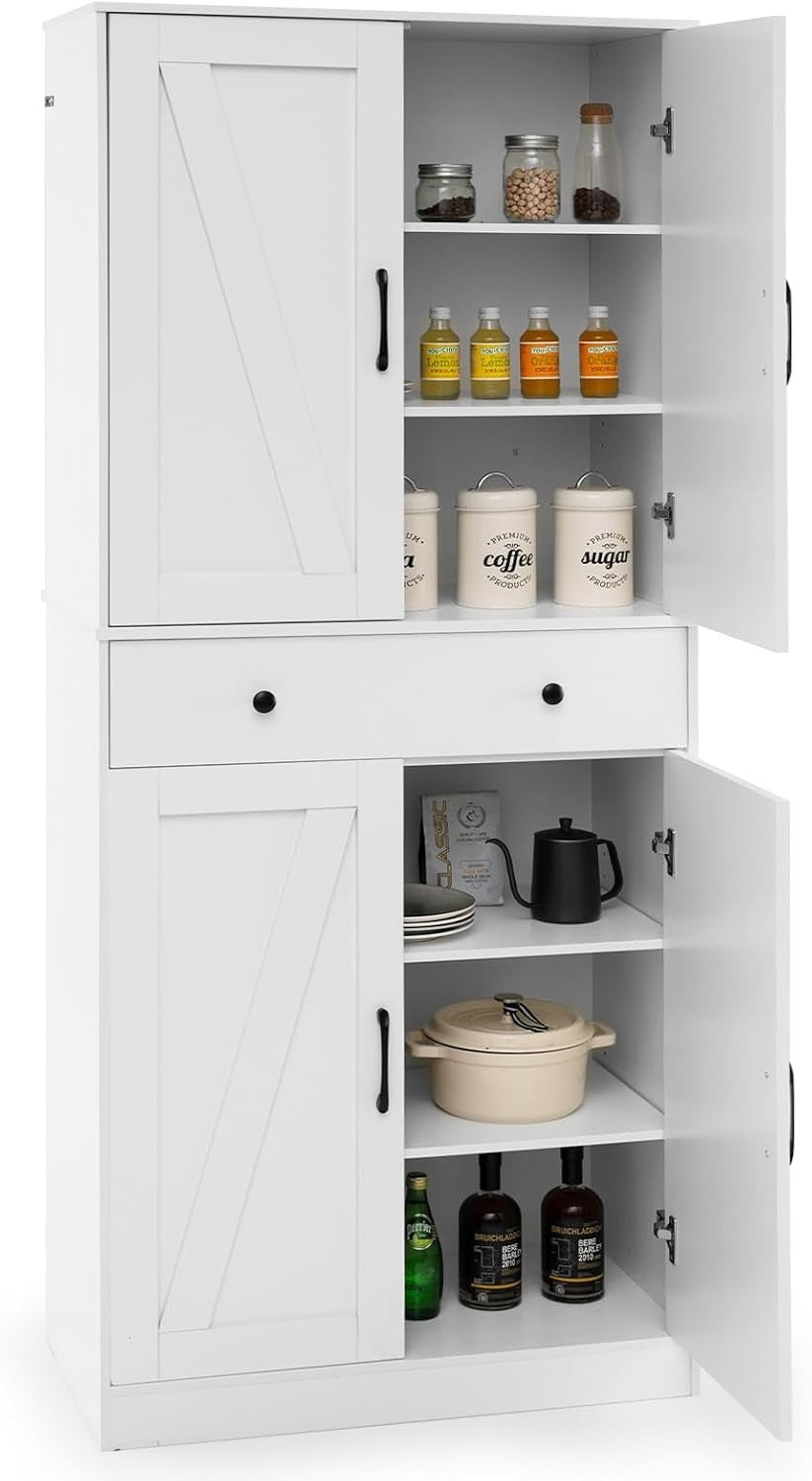 183cm Tall Kitchen Cupboard White 6-Tier Adjustable Shelves Drawer Storage