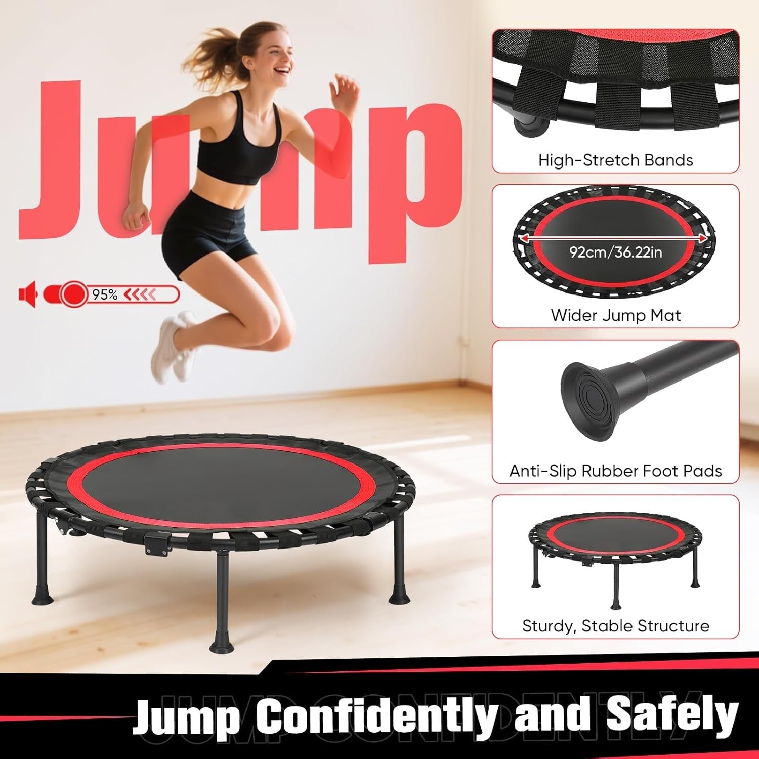Foldable Fitness Trampoline Indoor w Adjustable Grab Bar Quiet 150kg