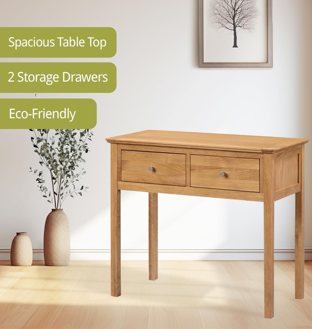 Solid Oak Wood Dressing Table Desk Console Vanity 2 Drawers Light Modern