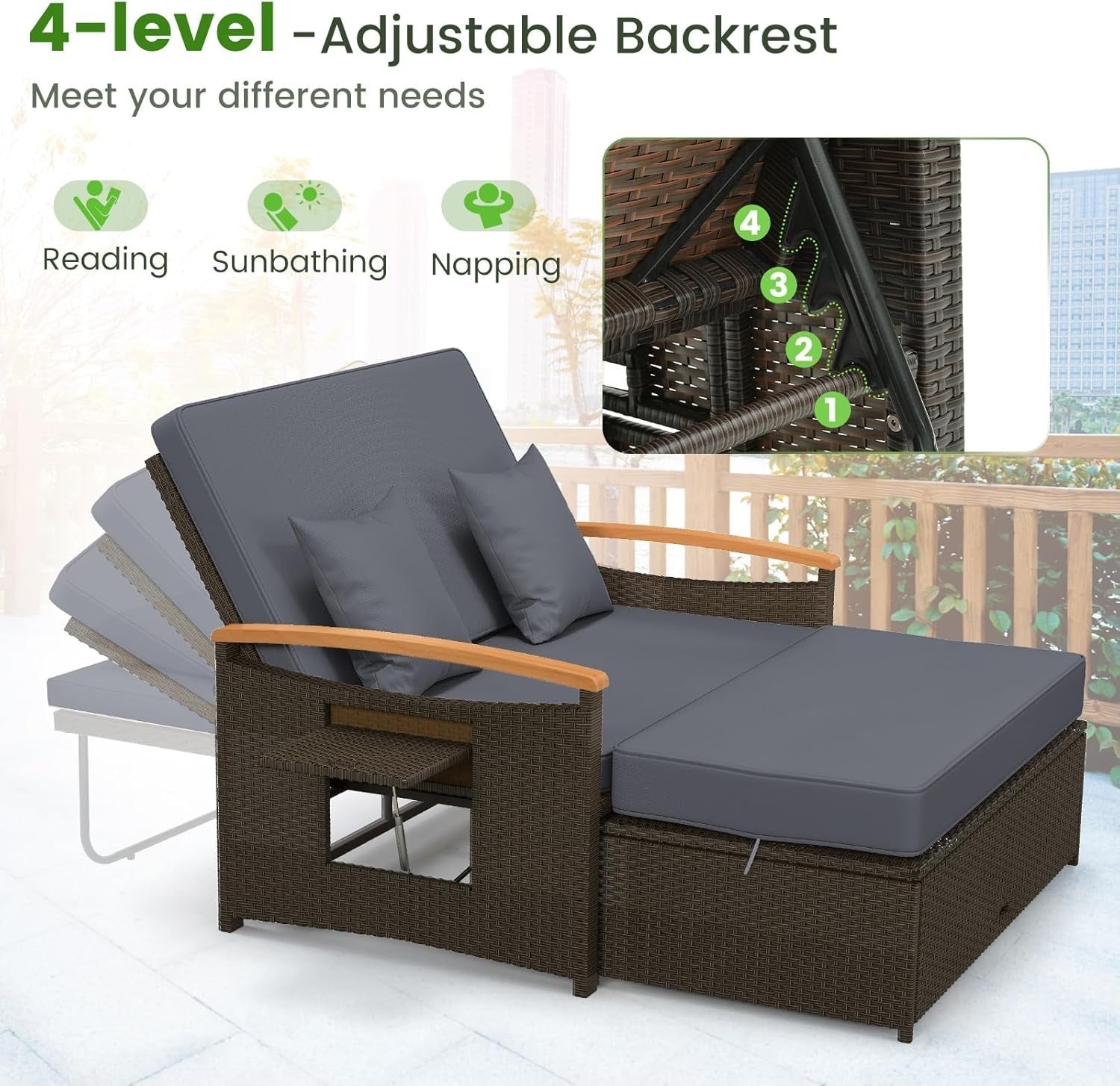 3-in-1 Grey Outdoor Rattan Daybed with Adjustable Back, Storage & Side Trays