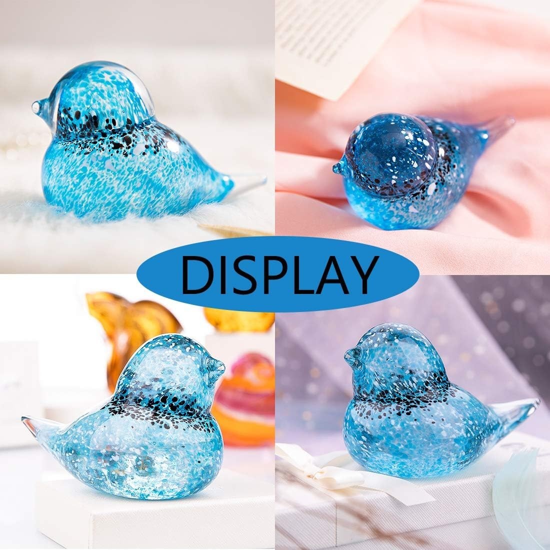 Handmade Blown Glass Bird Ornament Blue Art Figurine Crystal Paperweight Decor