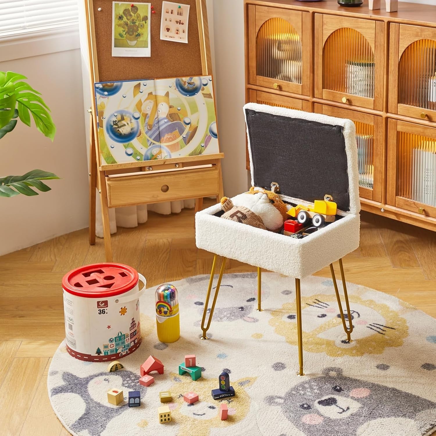White Teddy Velvet Storage Ottoman Stool Modern Footrest Dressing Table Seat