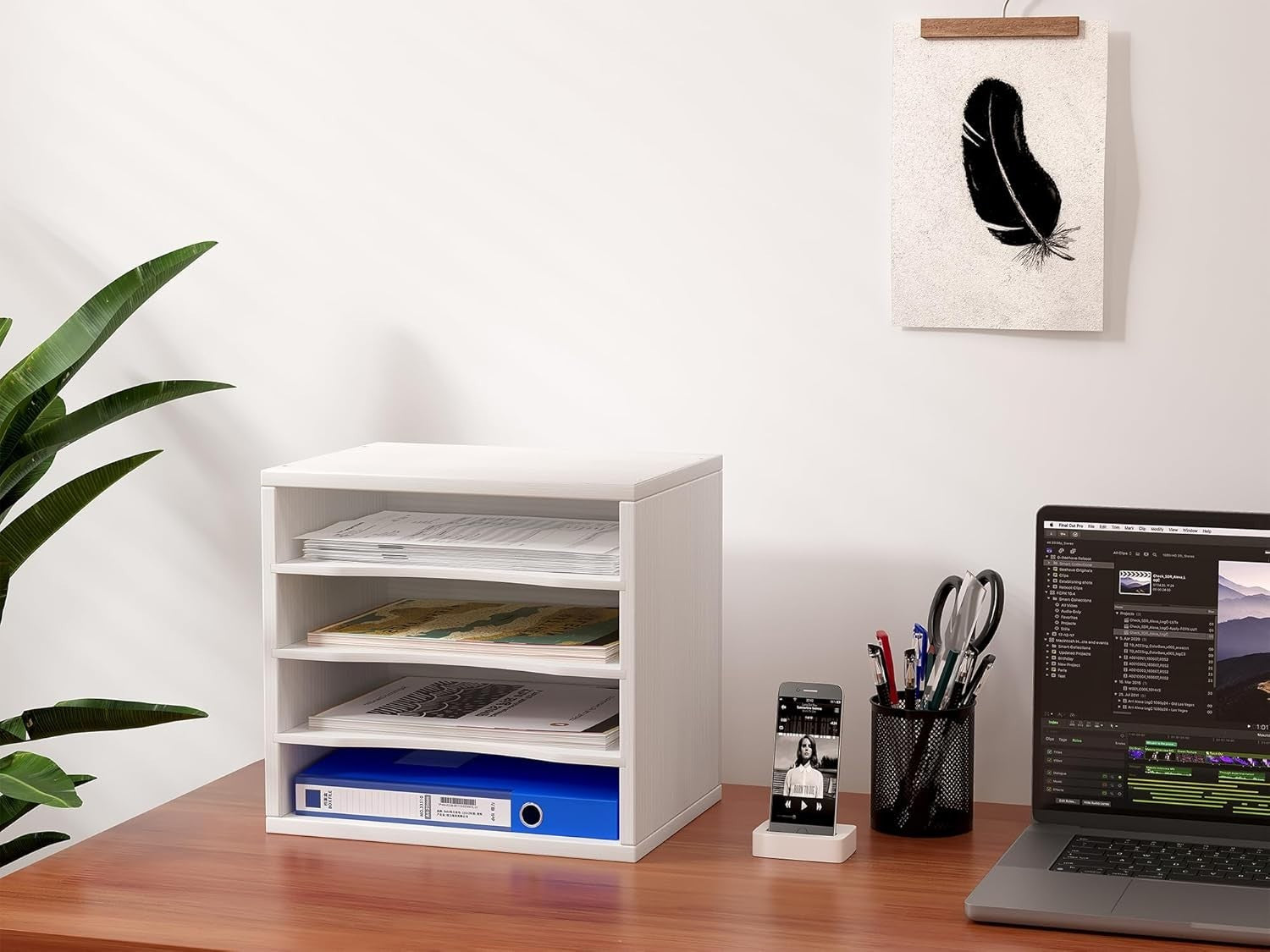 4 Tier A4 Desk File Organizer Wooden Paper Tray Office Magazine Rack White