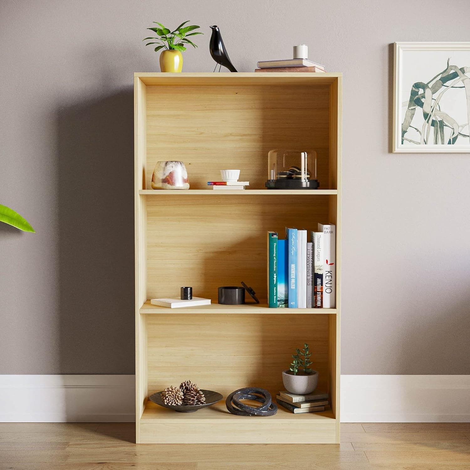 3 Tier Oak Wooden Bookcase Modern Storage Display Shelf for Living Room Medium