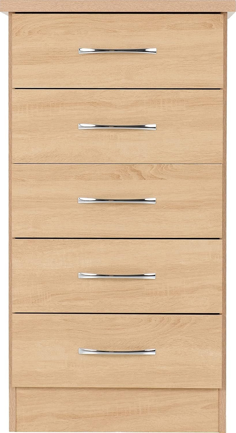 Slim Oak 5 Drawer Chest Tall Narrow Storage Unit for Bedroom Living Room