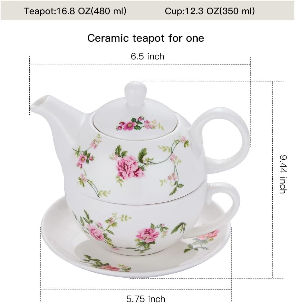 Tea For One Porcelain Teapot Cup Set Floral Pink Tea Set with Saucer