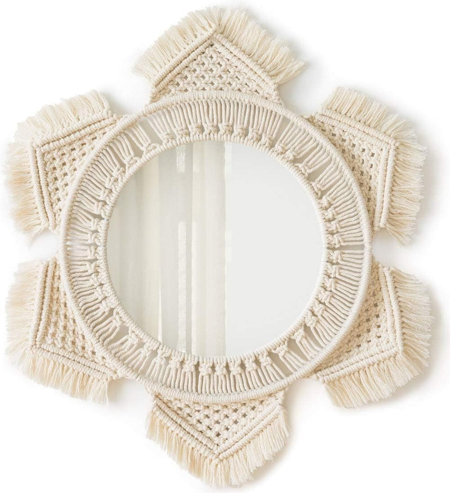 Boho Macrame Sunburst Wall Mirror – Round Cotton Hanging Decor