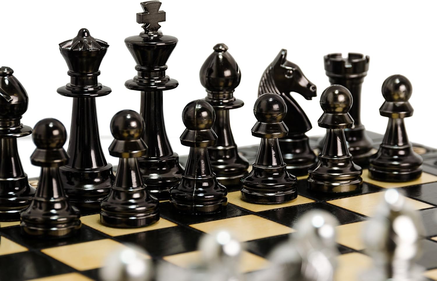 Metallic Staunton Chess Set 41cm Foldable Wooden Board Luxury Silver Pieces