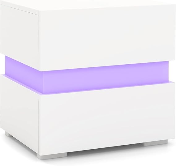 Modern LED Bedside Table with RGB Lights, 2 Drawers, High Gloss Nightstand