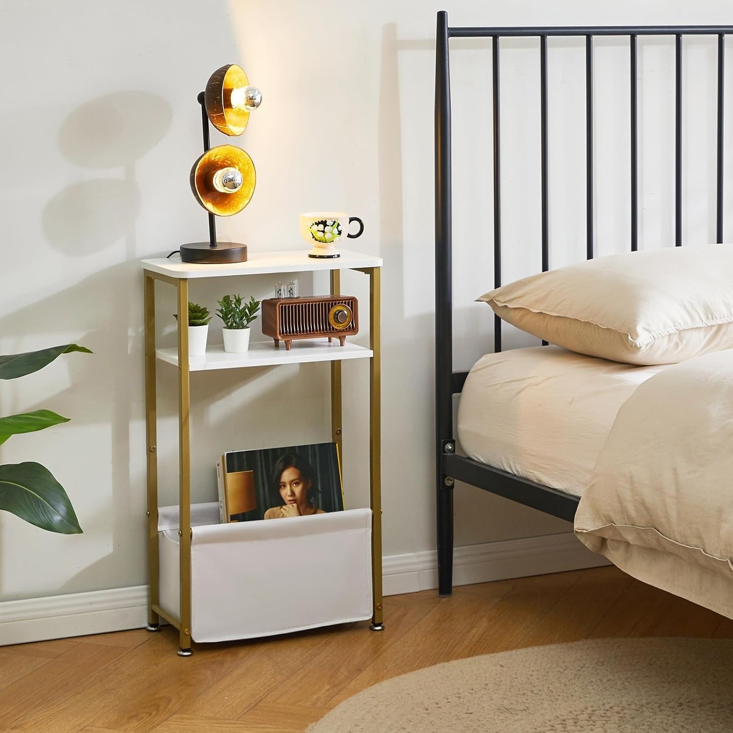 Slim White & Gold 3-Tier Side Table with Storage Basket – Narrow Bedside/End Tab