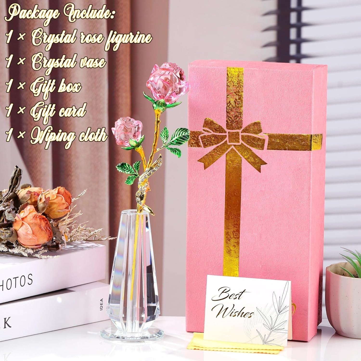 Pink Crystal Rose Figurine with Vase – Luxury Glass Flower Gift Ornament Decor