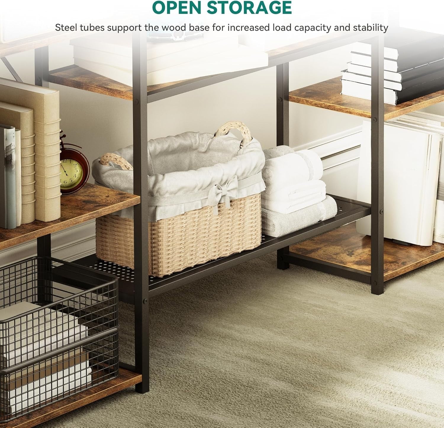 13 Shelf Industrial Bookcase Rustic Brown Metal & Wood Storage Display Rack