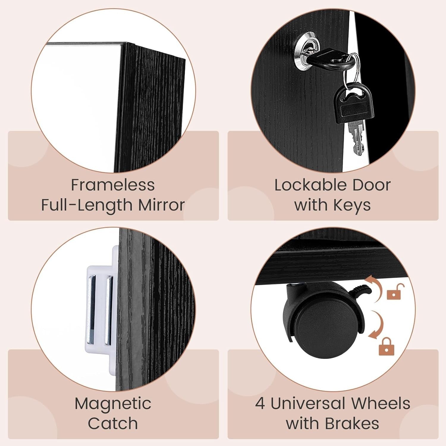 360° Swivel Jewelry Armoire LED Mirror Lockable Storage on Wheels Black
