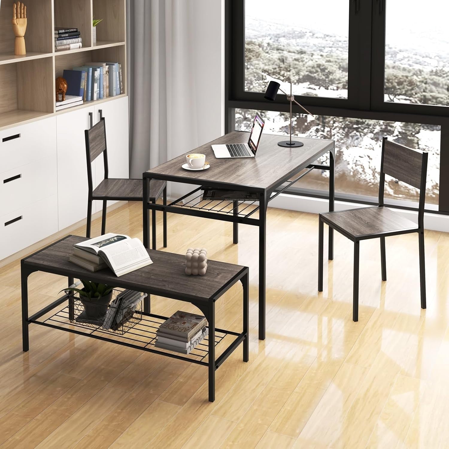 4 Seater Dining Table Bench Set w/ Storage Racks Grey Oak Metal Frame