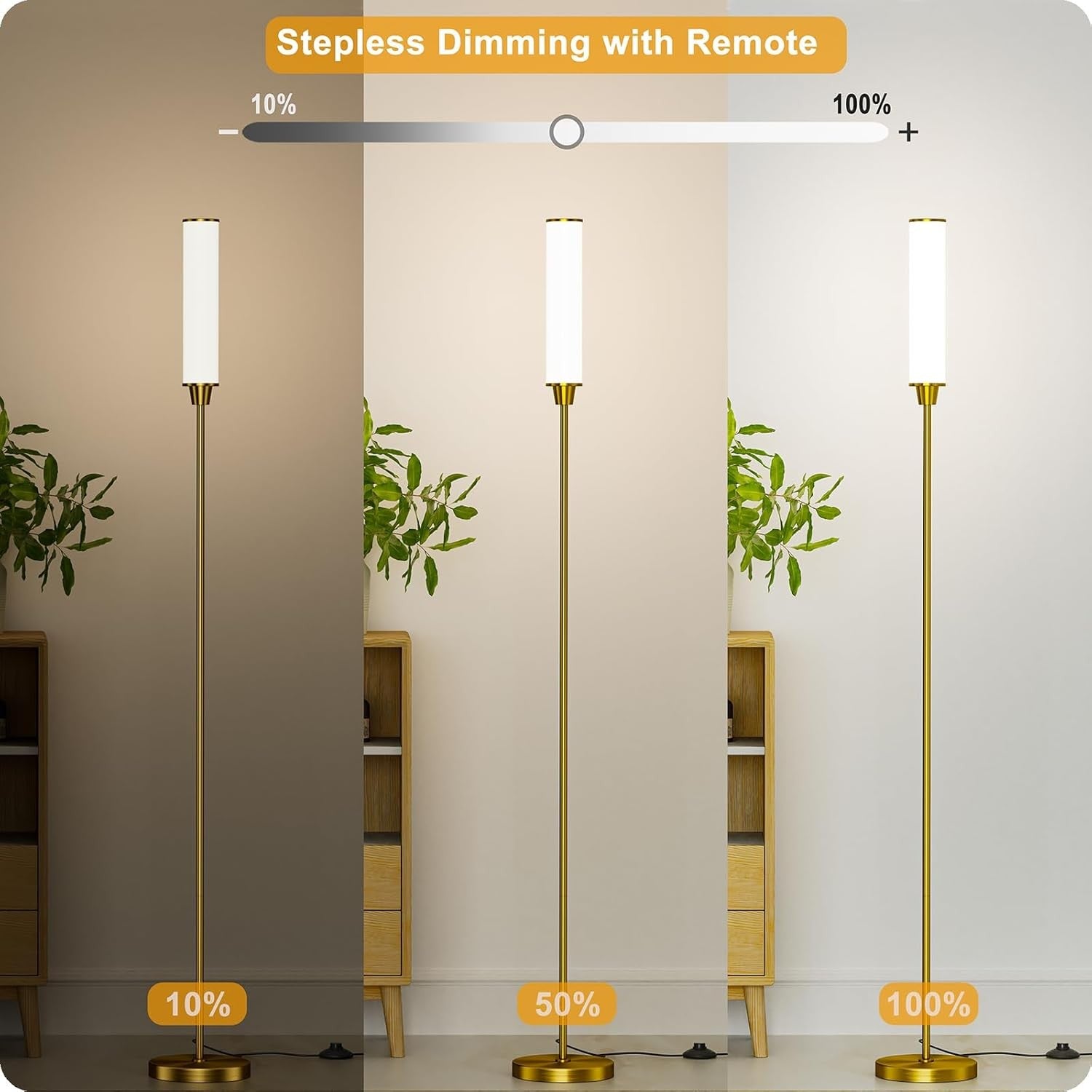 Dimmable LED Floor Lamp Remote Control Brass Gold Standing Corner Light