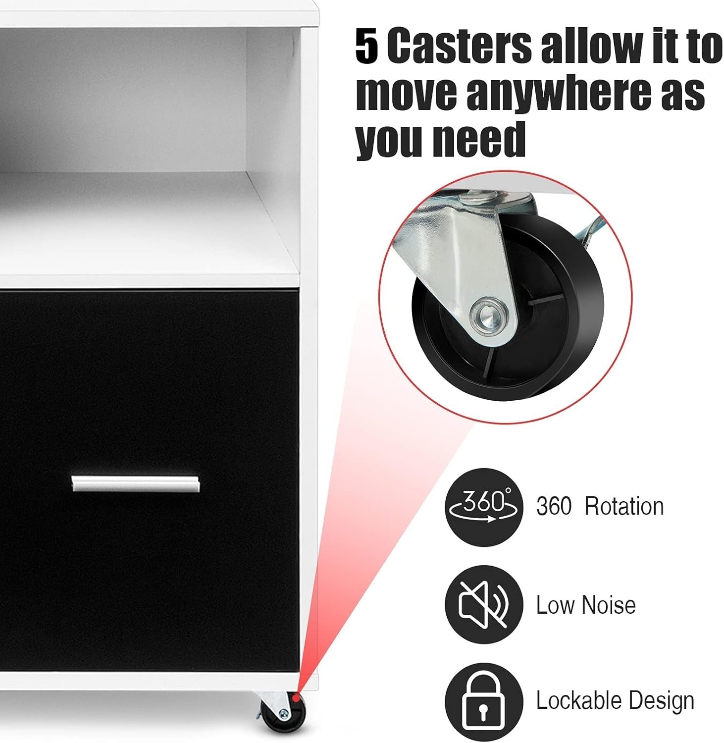 Black White Mobile File Cabinet 100cm Printer Stand Rolling Storage