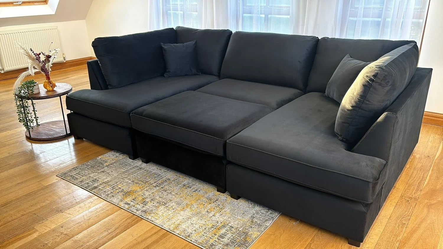 4PC U Shape Sofa with Footstool – Black Plush Sectional – 5/6 Seater Modular.