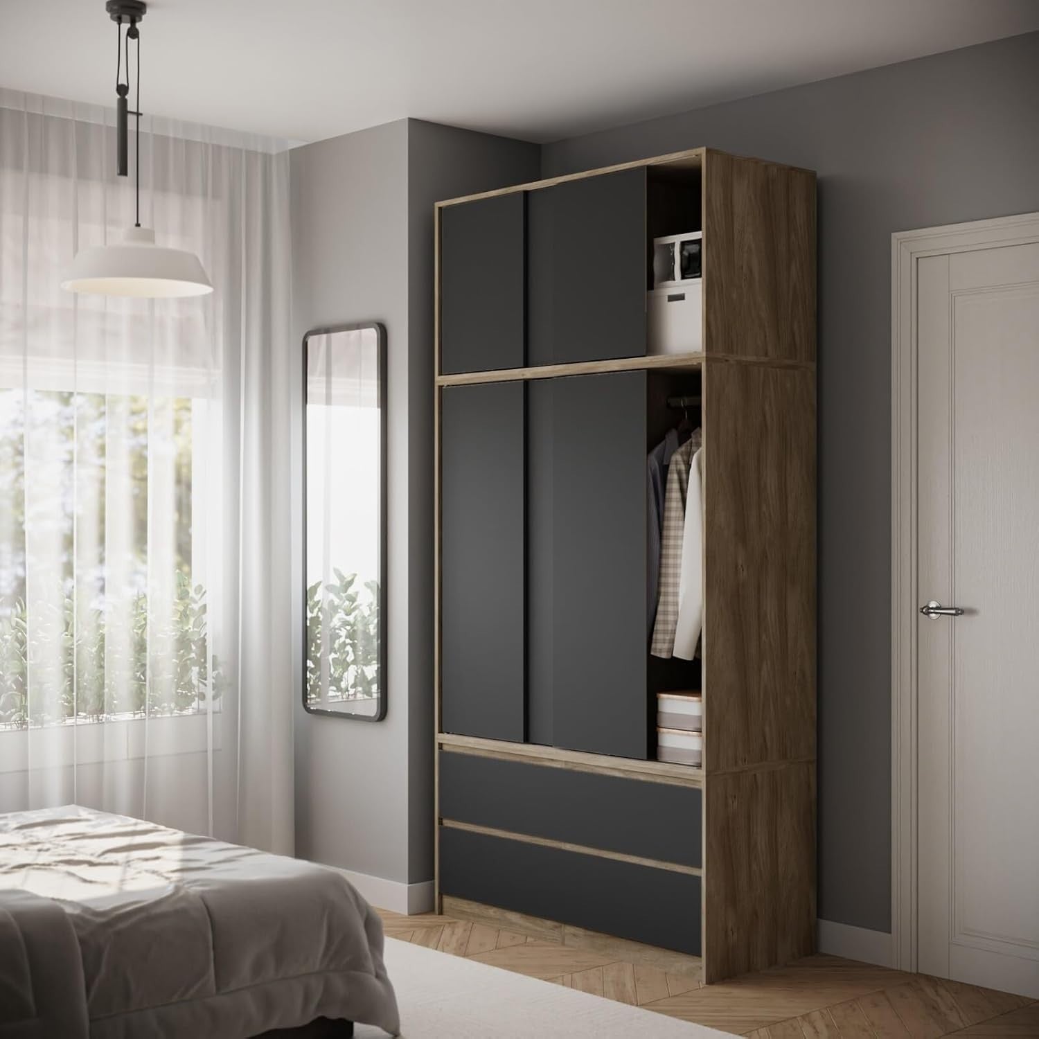 Modern 240cm Sliding Wardrobe Closet 6 Doors 4 Drawers Black Oak