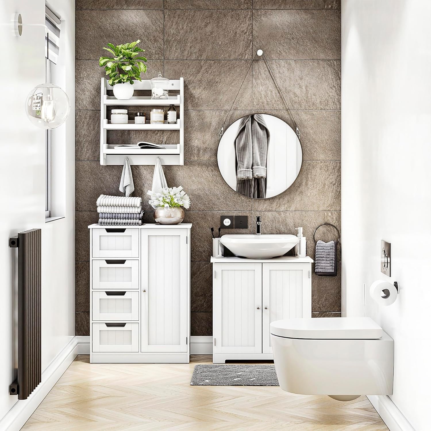 White Under Sink Bathroom Cabinet – 2 Door Storage Unit with Shelves 60cm Modern