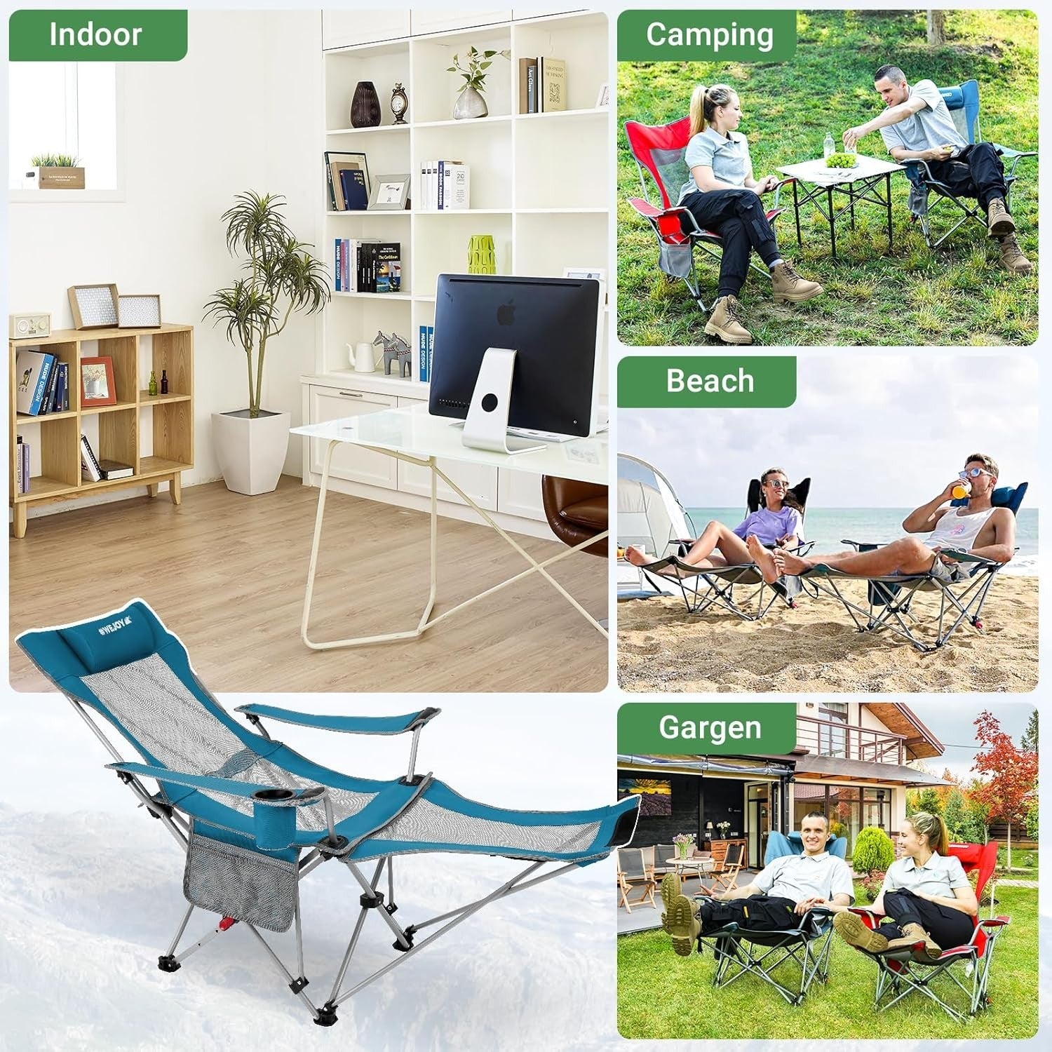 2x Reclining Folding Camping Chairs w/ Footrest & Headrest Beach Garden
