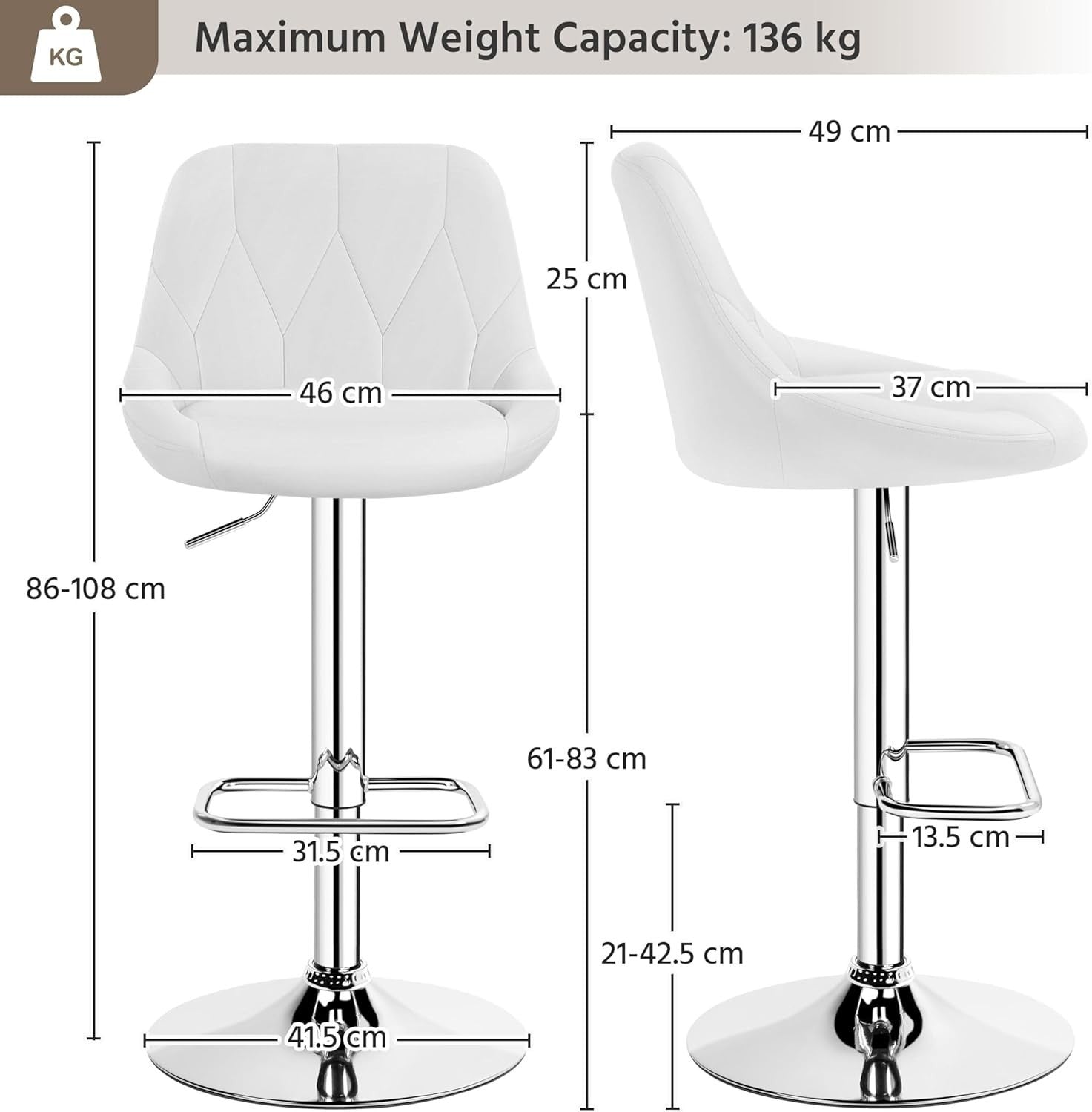 Adjustable Swivel Bar Stools with Backrest & Footrest – White