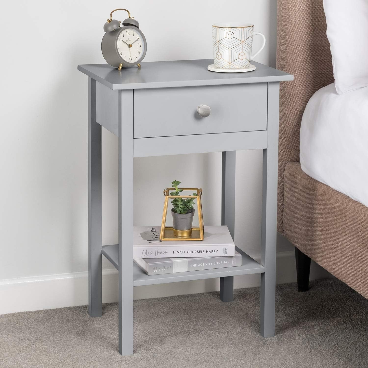 Set of 2 Grey Bedside Tables with Drawer & Shelf, Wooden Nightstands 60x40x30cm