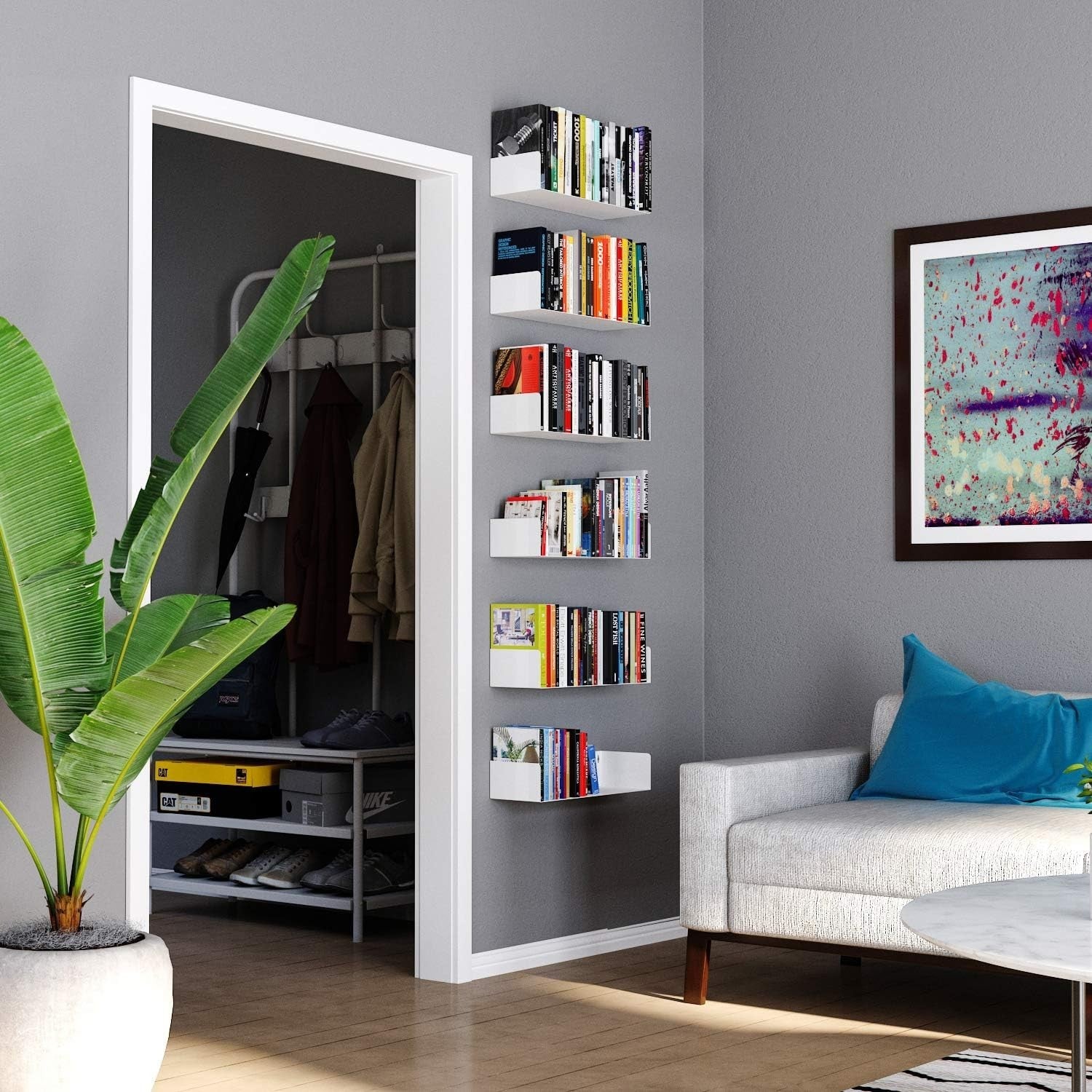 White Floating Wall Shelves Set of 6 CD DVD Storage Metal Bookshelf
