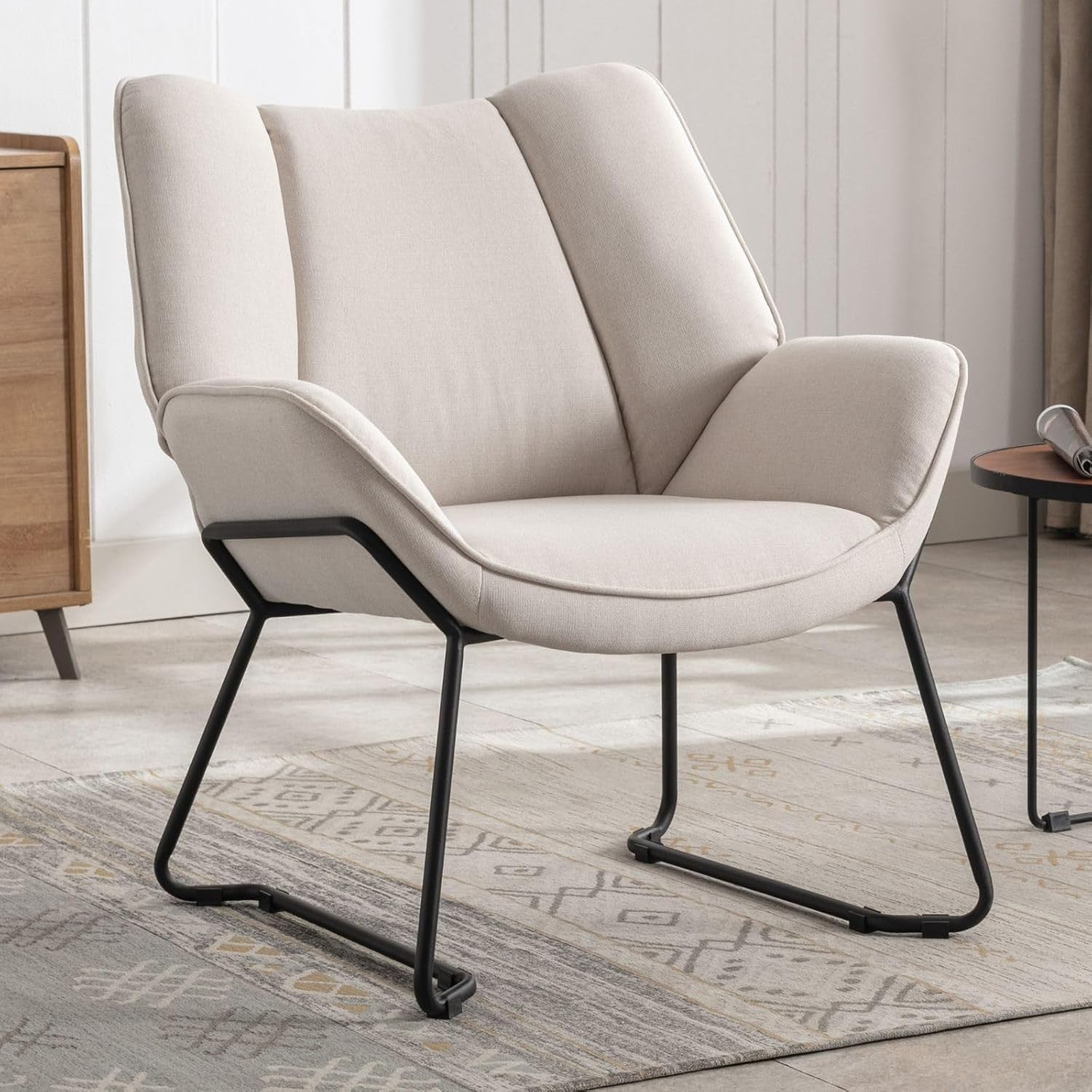 Modern Linen Tub Armchair Beige Upholstered Accent Chair with Metal Legs