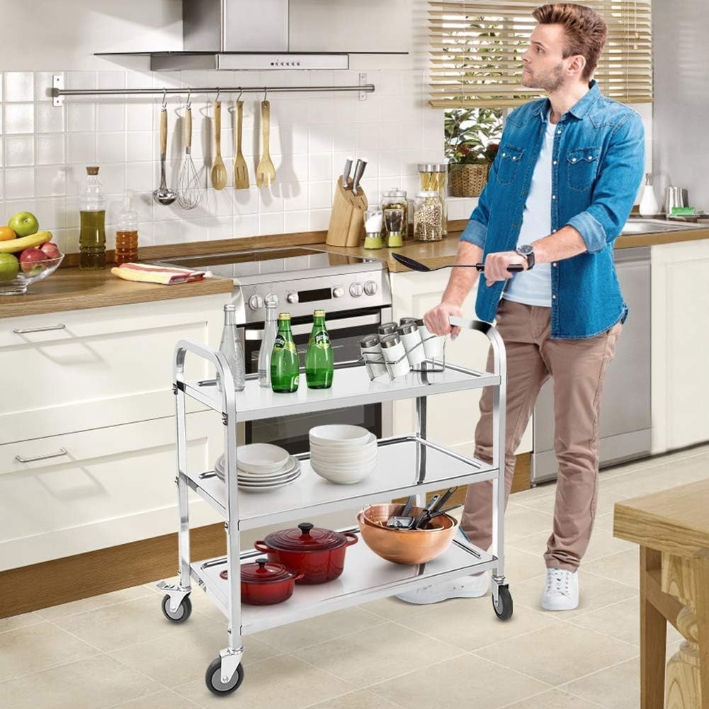 Stainless Steel 3 Tier Catering Trolley Cart w/ Locking Wheels
