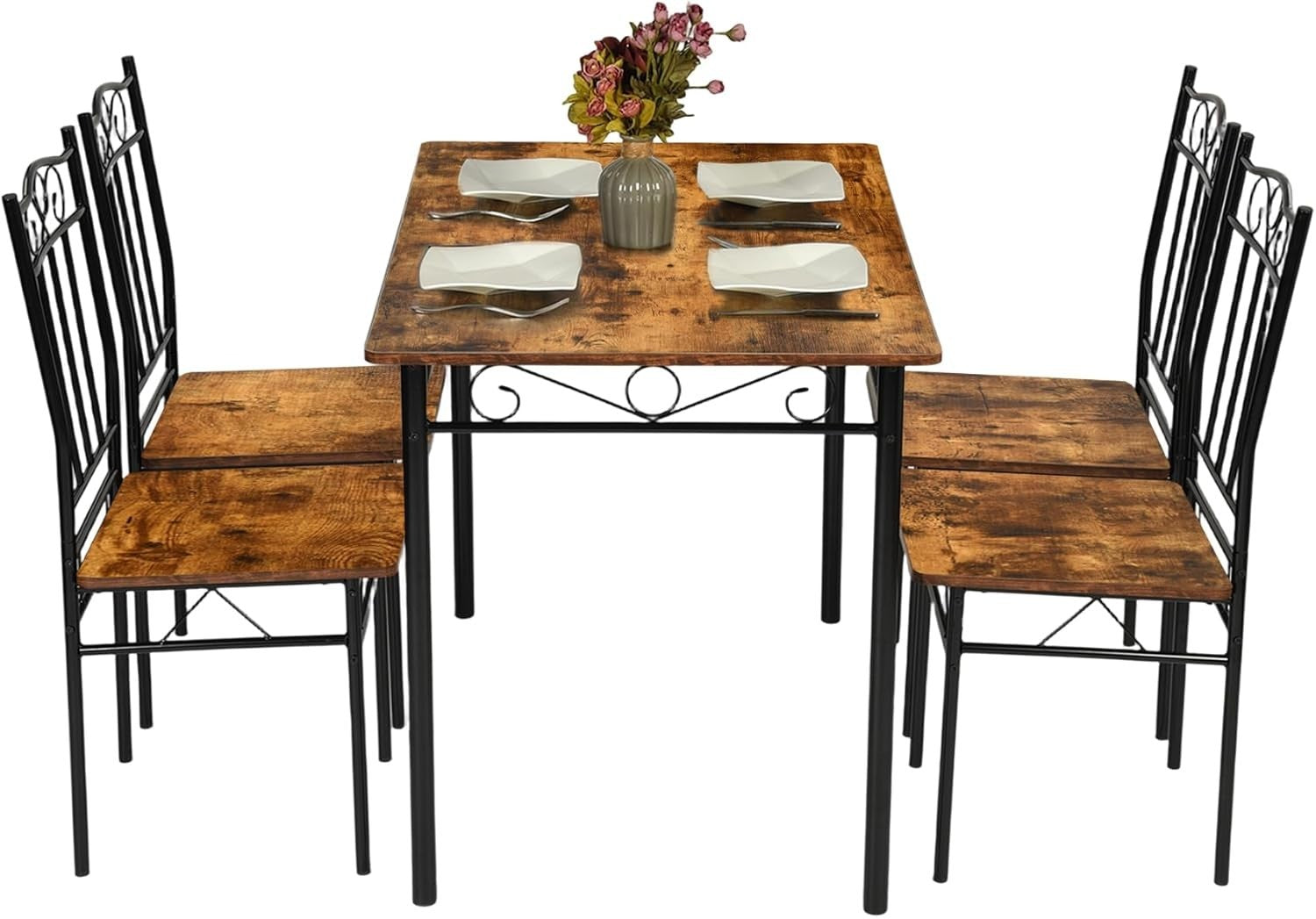 Vintage Rectangular Dining Set 4 Chairs Rustic Wood Kitchen Table Compact