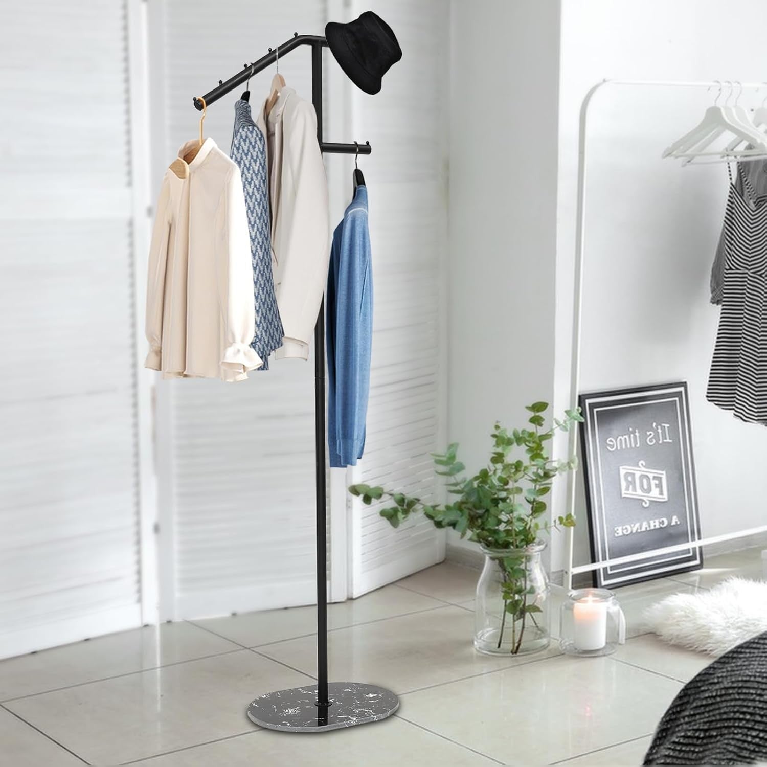 Modern Black Metal Coat Rack 1.7m Marble Base Crossbar Clothes Hanger Stand