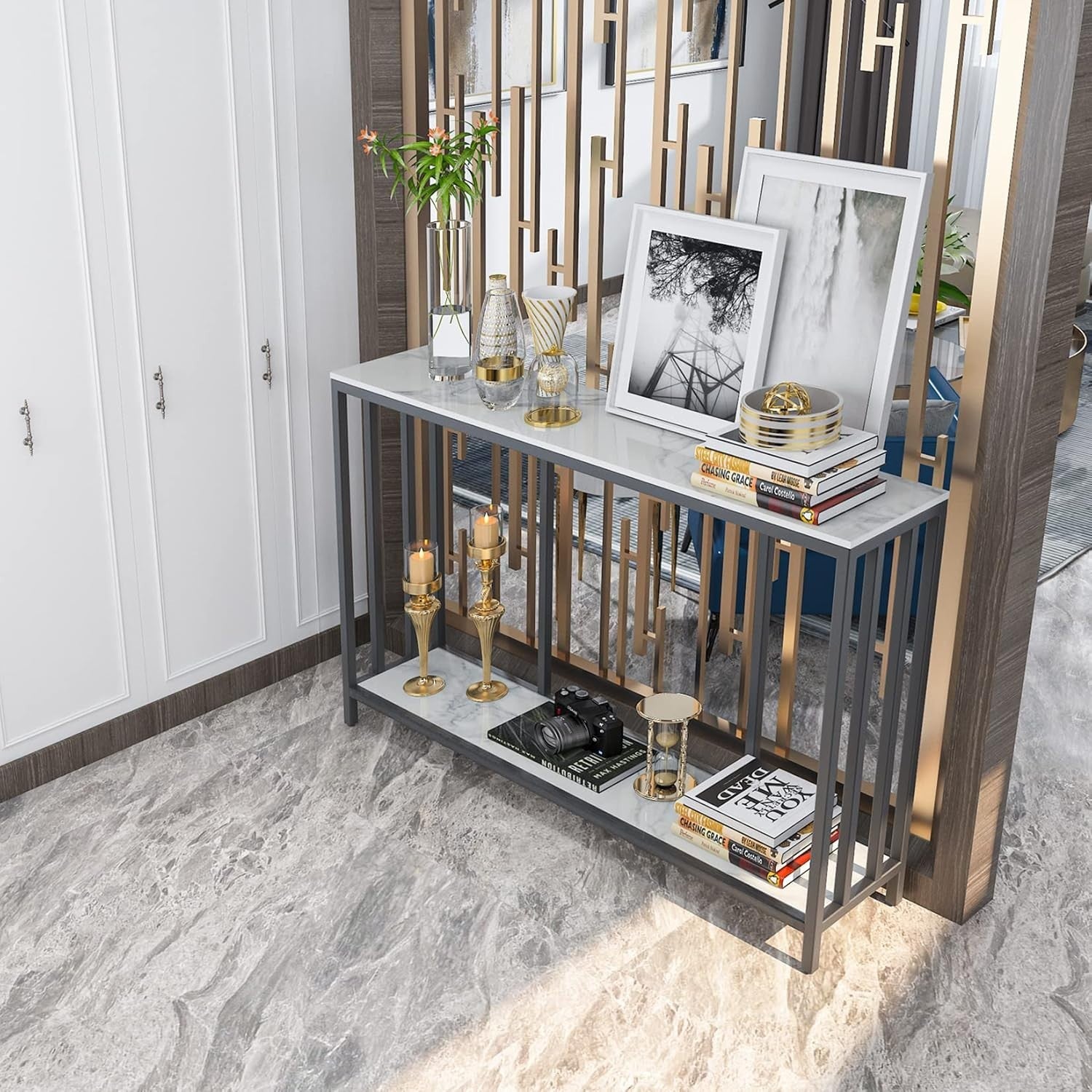 Luxury 2 Tier Console Table Marble Top Slim Modern Black Frame 120cm Hallway