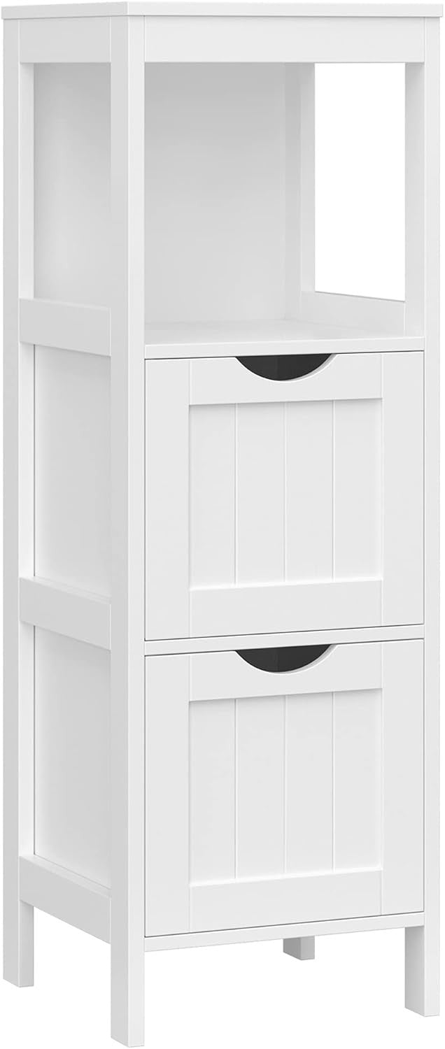 Tall White Bathroom Storage Cabinet – 2 Drawers + Open Shelf Modern Slim Unit
