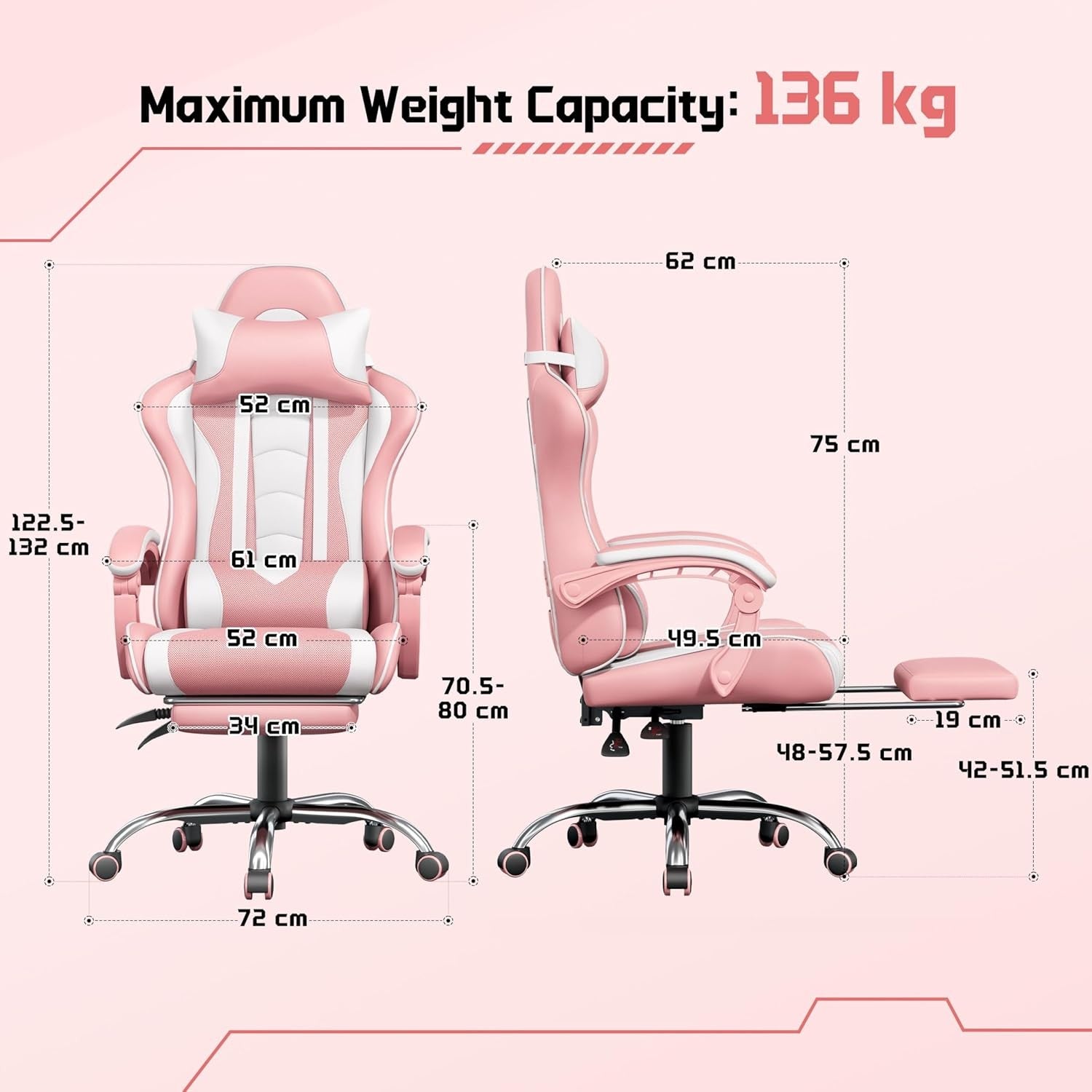 Gaming Chair with Footrest Massage Ergonomic Reclining Pink