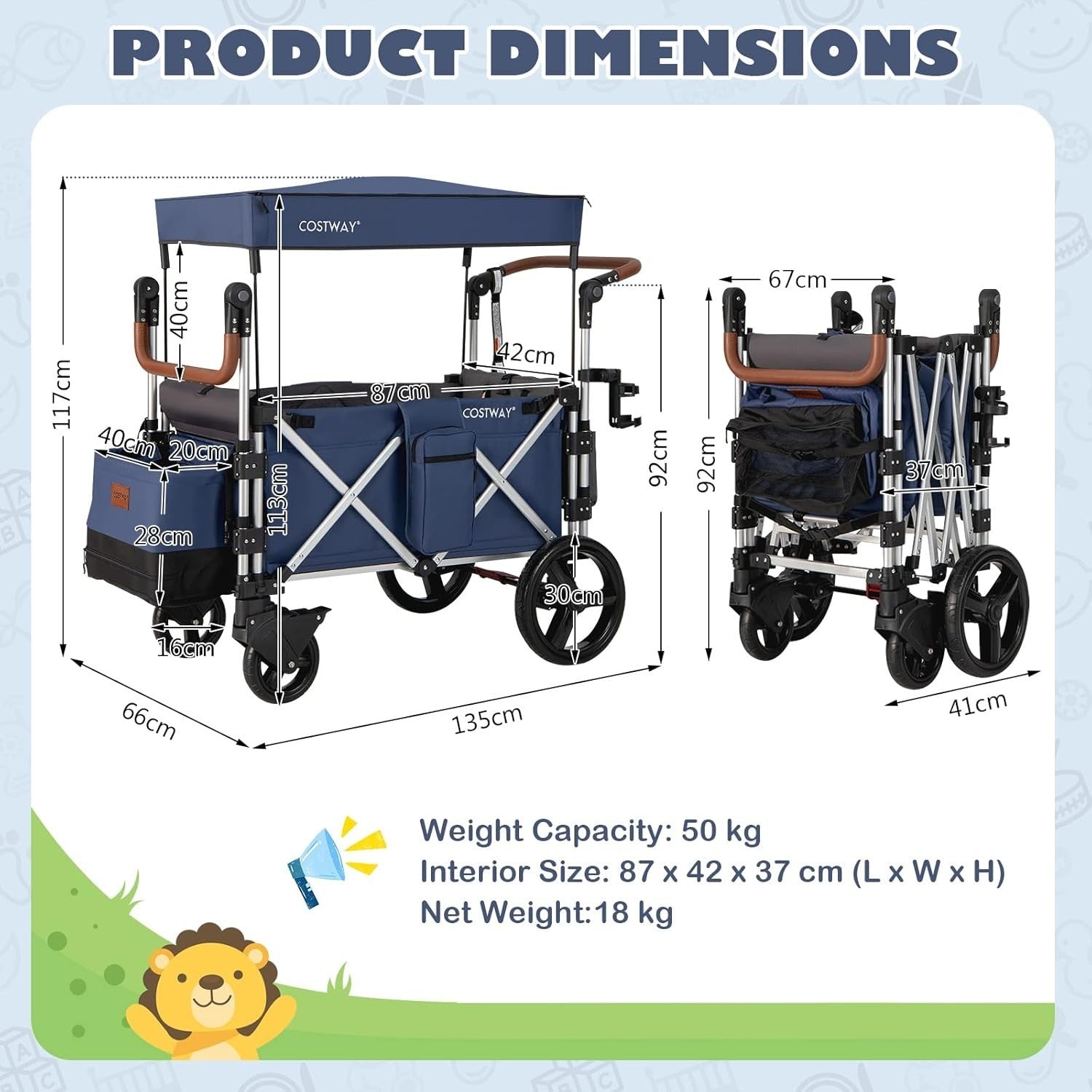 Navy Push Pull Stroller Wagon 2-Seater Folding Cart w/ Canopy 5-Point Harness