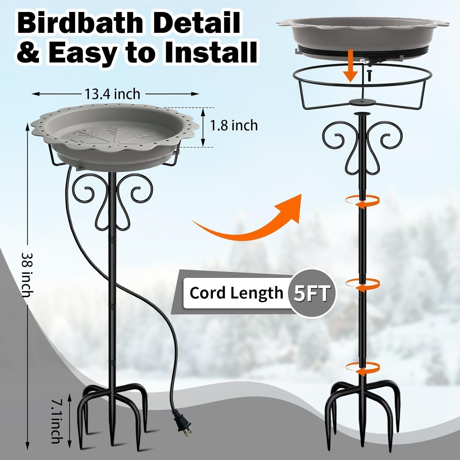 Heated Bird Bath Outdoor Water Feeder 100W Thermostat Grey Metal Stand Winter