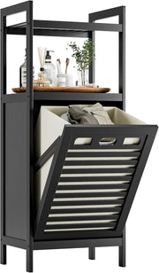 Black Tilt Out Laundry Hamper Cabinet Bamboo 32L Basket with Storage Shelves