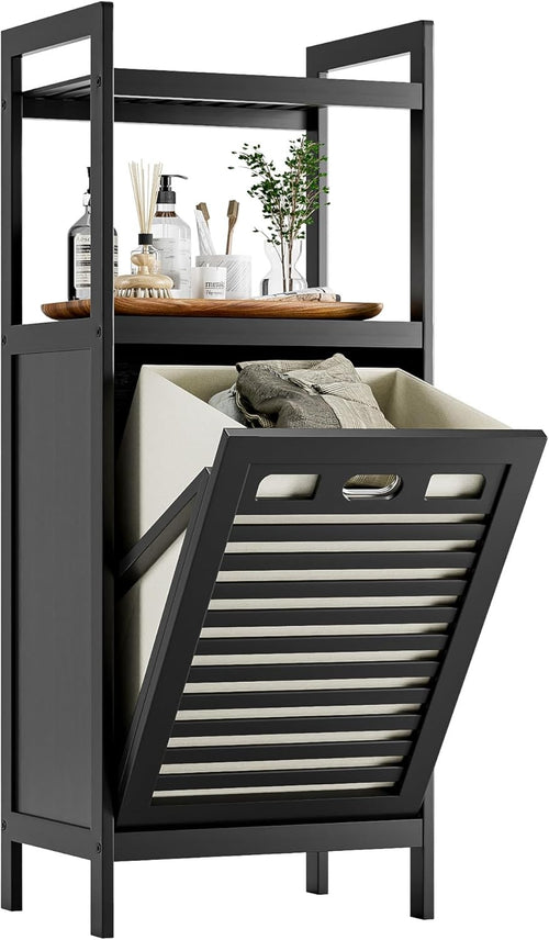 Black Tilt Out Laundry Hamper Cabinet Bamboo 32L Basket with Storage Shelves