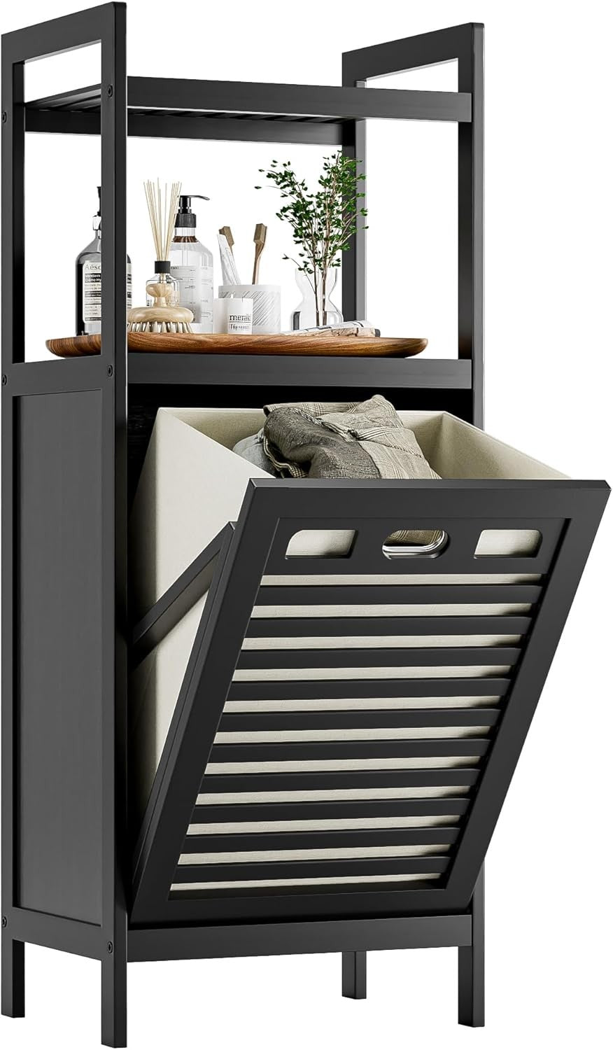 Black Tilt Out Laundry Hamper Cabinet Bamboo 32L Basket with Storage Shelves